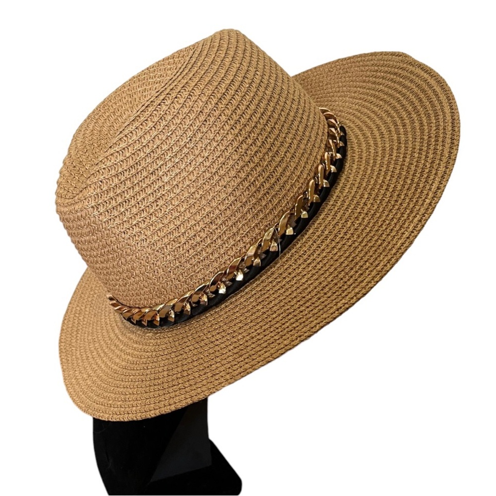 Straw sun hat with chunky gold chain detail around the rim